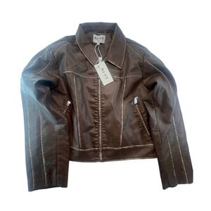 NA KD Brown Washed Out Detailed PU Leather Jacket Women EU 38 Moto NWT